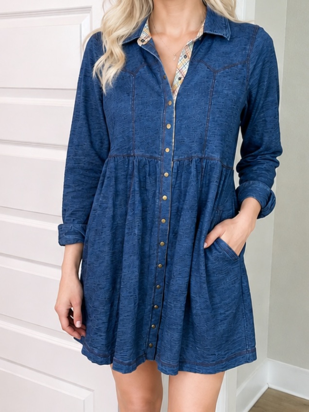 Free People Plaid Trim Denim like dress